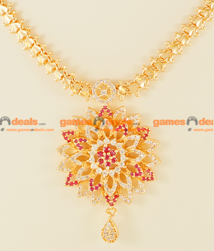 NCKN124 - Semi Precious CZ Ruby Stone Heartin Chain Flower Dollar Necklace NCKN124 - Semi Precious CZ Ruby Stone Heartin Chain Flower Dollar Necklace