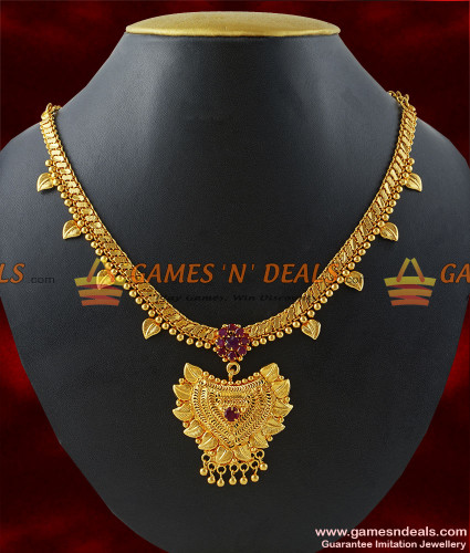 NCKN141 Imitation Ruby Stone Leaf Dollar Necklace Party Wear Jewellery