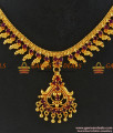 NCKN155 - Semi Precious Ruby Dollar With Trendy Leaf Design Kerala Necklace