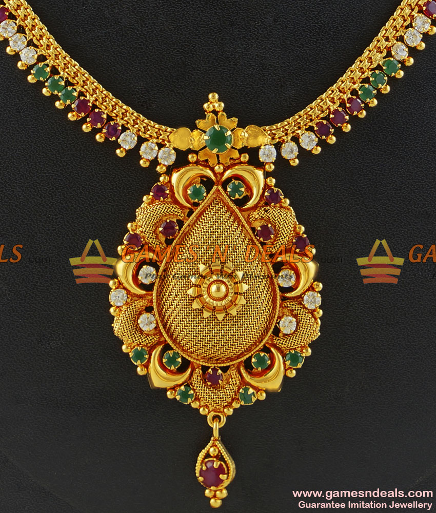 NCKN172 - Gold Plated Jewellery Kerala Type Party Wear Stone Necklace NCKN172 - Gold Plated Jewellery Kerala Type Party Wear Stone Necklace
