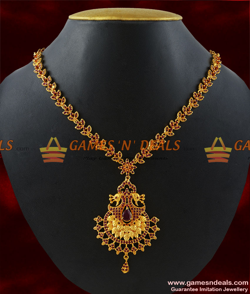 NCKN182 - Gold Plated Full Zircon Ruby Stone Party Wear Peacock Necklace