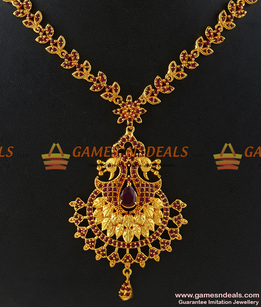 NCKN182 - Gold Plated Full Zircon Ruby Stone Party Wear Peacock Necklace