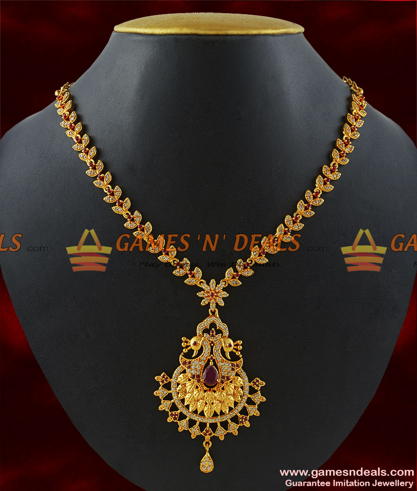NCKN183 - Gold Plated Full Zircon Ruby White Stone Party Wear Peacock Necklace