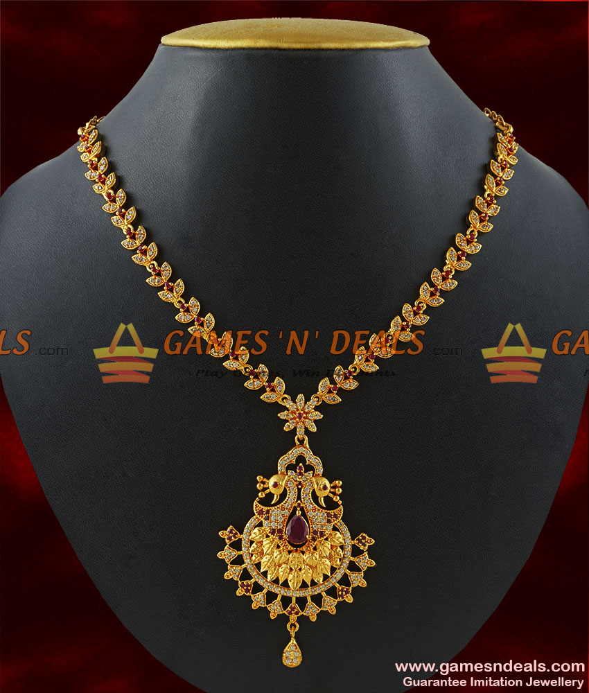 NCKN183 - Gold Plated Full Zircon Ruby White Stone Party Wear Peacock Necklace NCKN183 - Gold Plated Full Zircon Ruby White Stone Party Wear Peacock Necklace