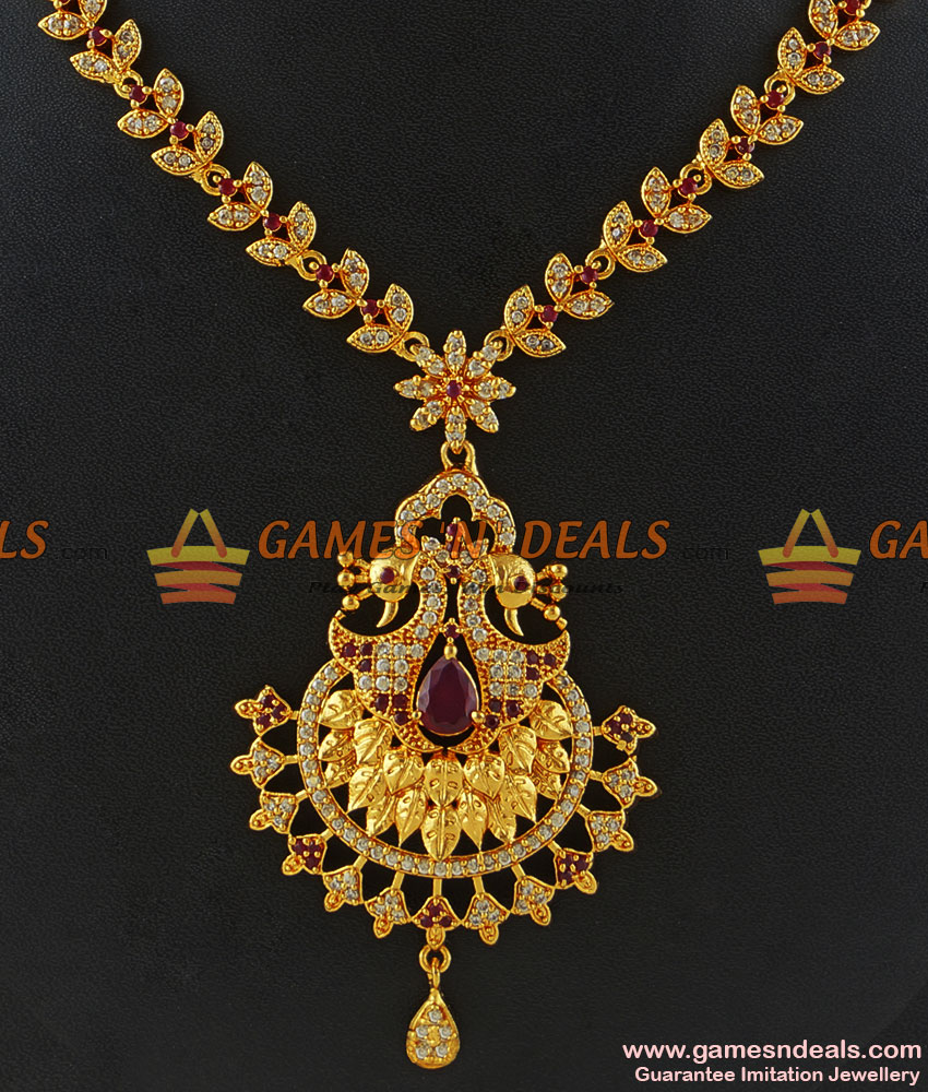 NCKN183 - Gold Plated Full Zircon Ruby White Stone Party Wear Peacock Necklace NCKN183 - Gold Plated Full Zircon Ruby White Stone Party Wear Peacock Necklace