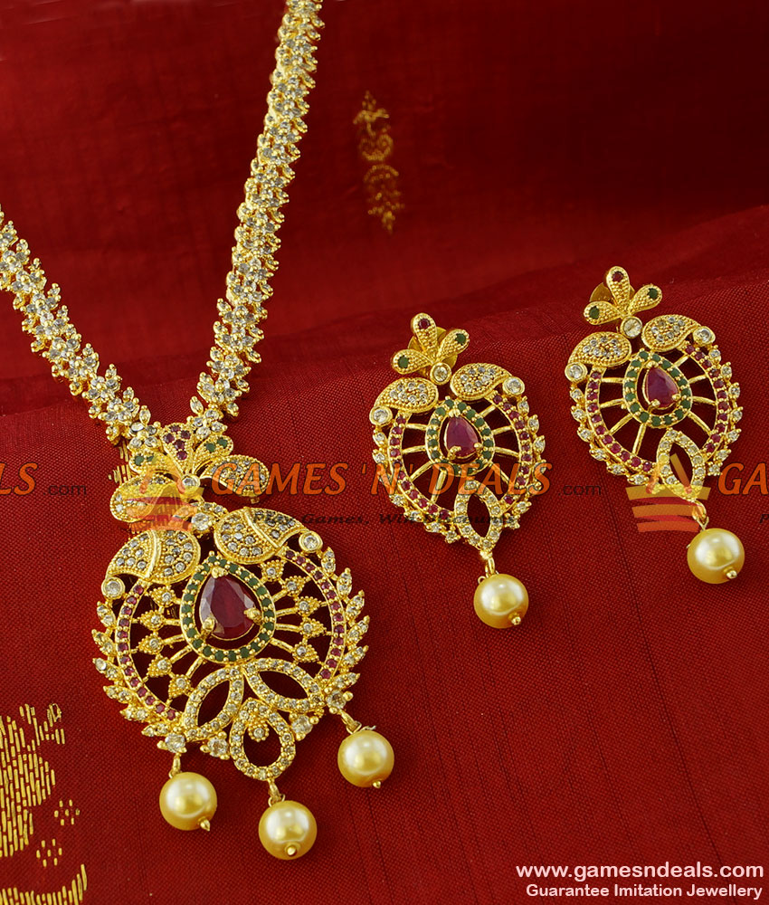 NCKN205 - CZ Stone Imitation Pearl Necklace Set Gold Plated South Indian Jewelry NCKN205 - CZ Stone Imitation Pearl Necklace Set Gold Plated South Indian Jewelry