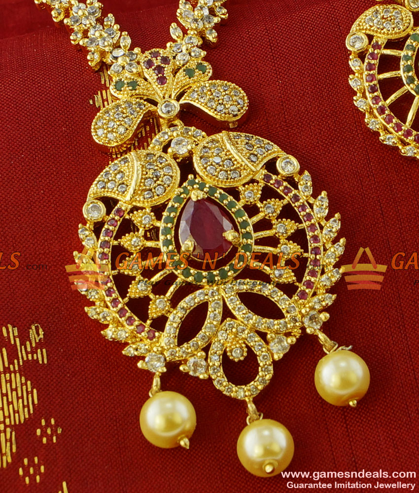 NCKN205 - CZ Stone Imitation Pearl Necklace Set Gold Plated South Indian Jewelry NCKN205 - CZ Stone Imitation Pearl Necklace Set Gold Plated South Indian Jewelry