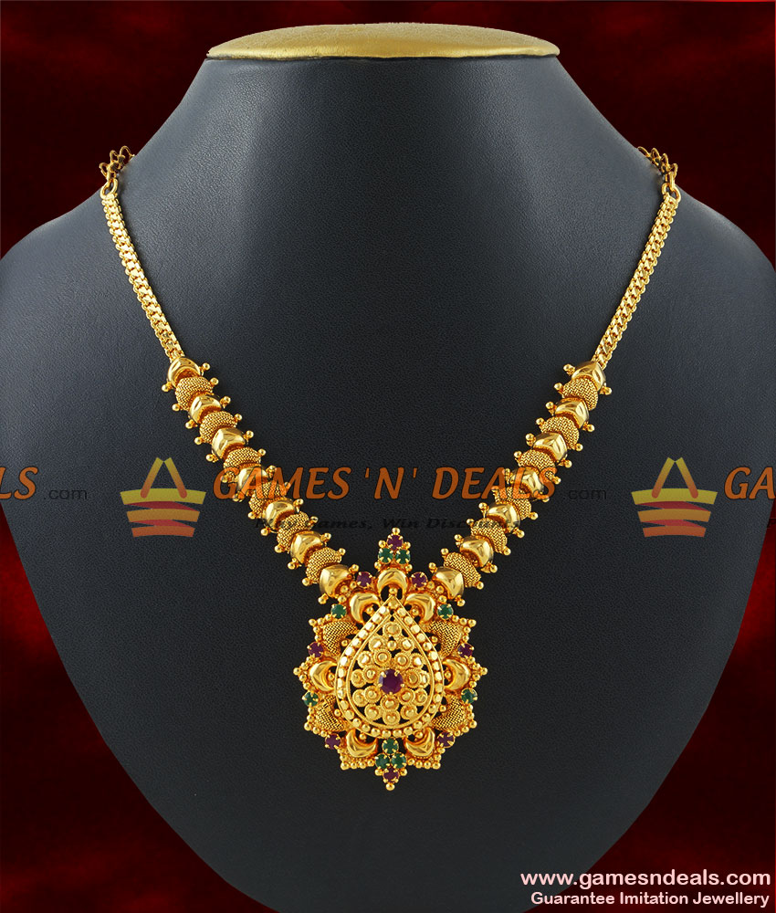 NCKN212 - Gold Plated Jewellery Kerala Type Party Wear Stone Necklace