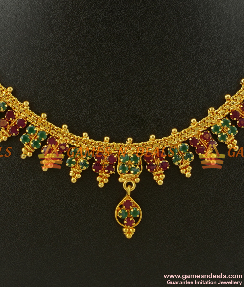 NCKN235 - Antique Style Semi Precious First Quality Ruby Emerald Stone Necklace