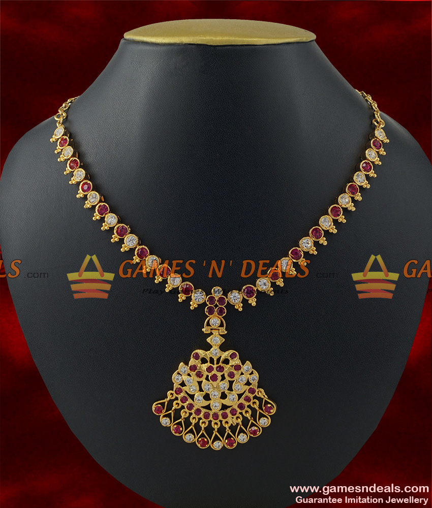 NCKN251 - Traditional Aiympon Big White Pink Stone Attigai Imitation Necklace Design