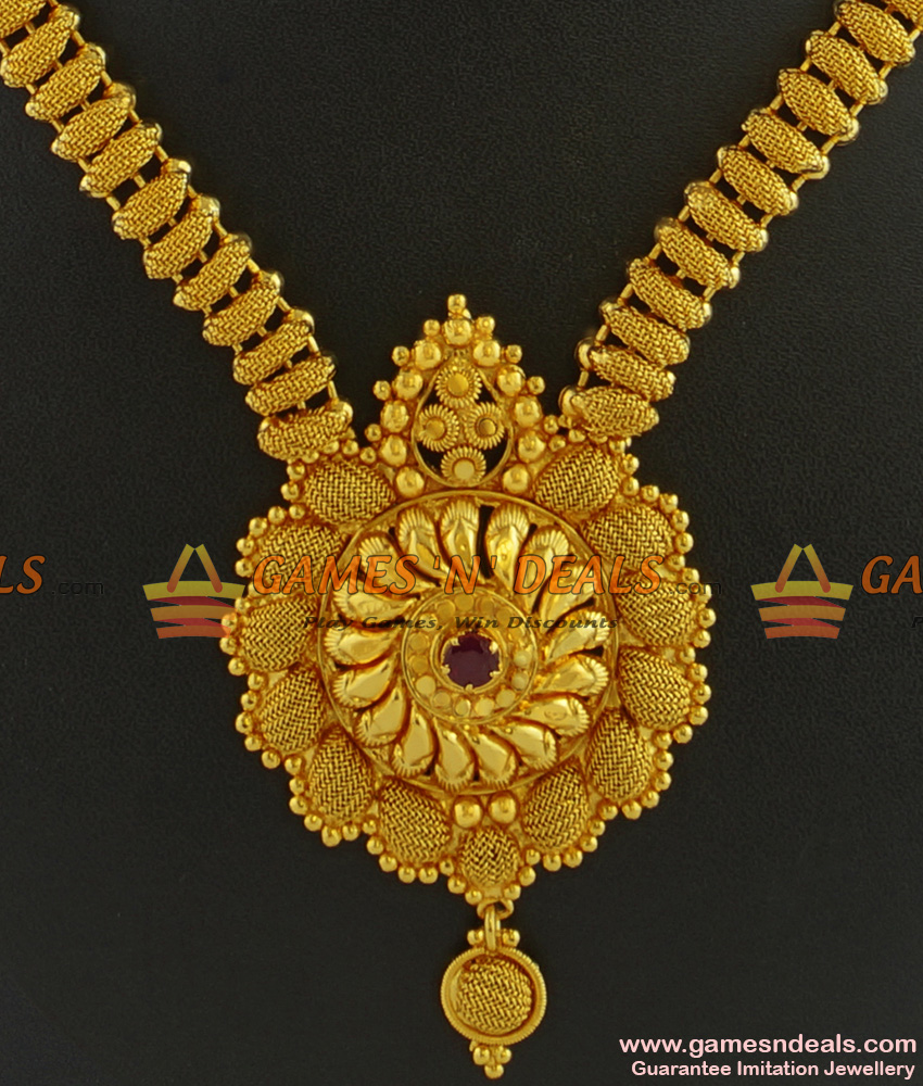 NCKN258 - Kerala Stone Necklace Full Net Work Grand Gold Plated Jewelry Online