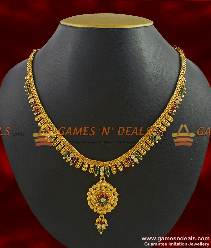 NCKN290 - Semi Precious Ruby Dollar With Trendy Leaf Design Kerala Necklace NCKN290 - Semi Precious Ruby Dollar With Trendy Leaf Design Kerala Necklace