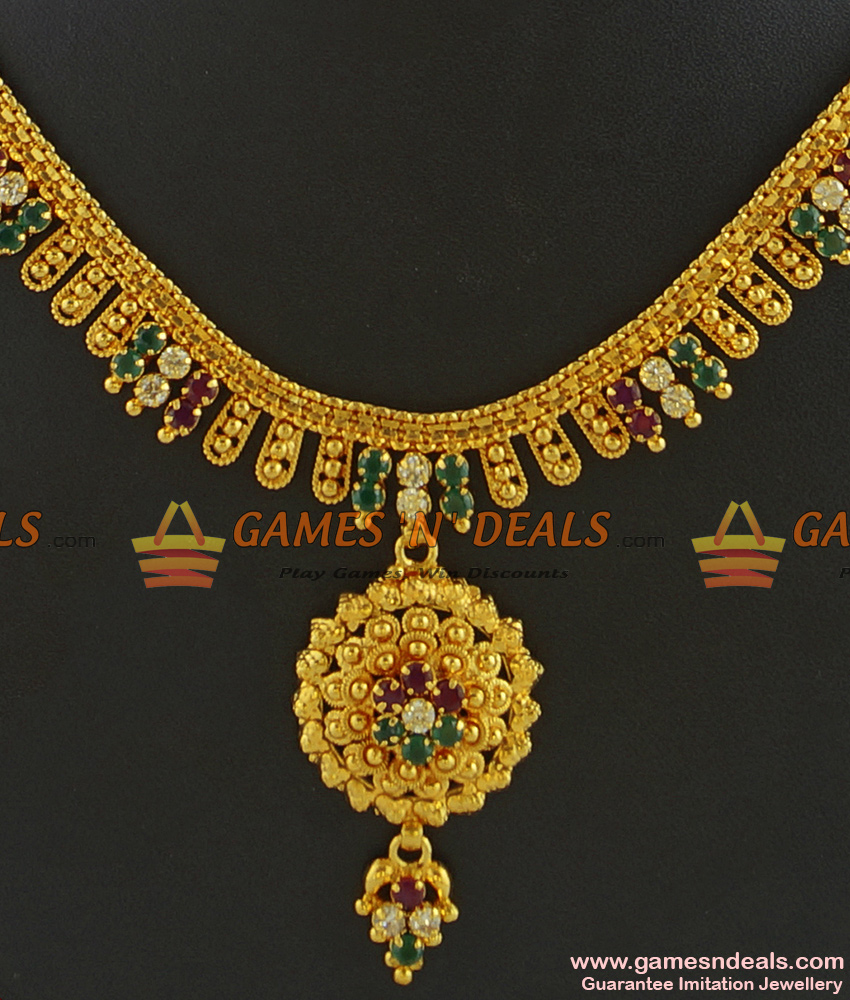 NCKN290 - Semi Precious Ruby Dollar With Trendy Leaf Design Kerala Necklace NCKN290 - Semi Precious Ruby Dollar With Trendy Leaf Design Kerala Necklace