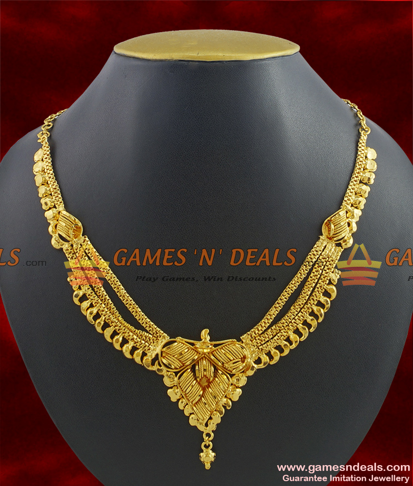 NCKN323 - Three Line Traditional Kolkata Choker Type Gold Plated Imitation Necklace NCKN323 - Three Line Traditional Kolkata Choker Type Gold Plated Imitation Necklace
