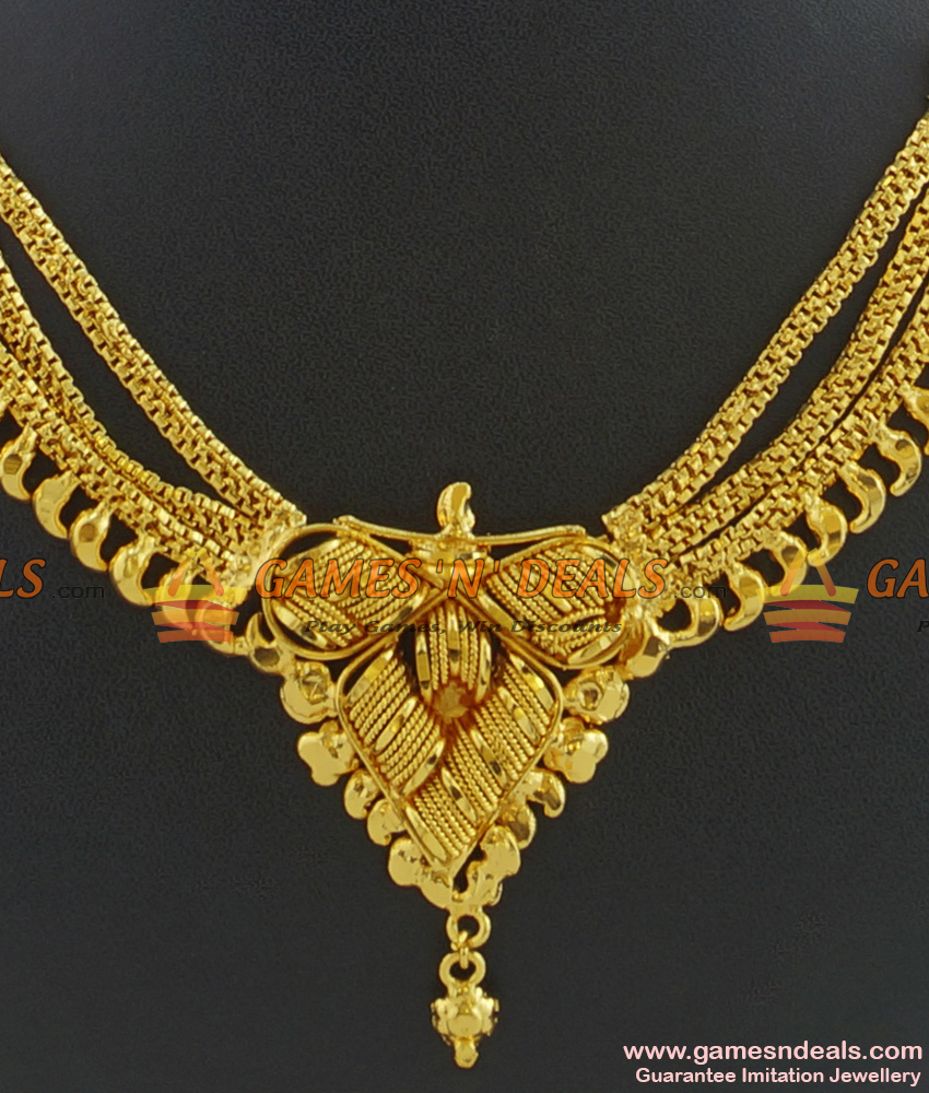 NCKN323 - Three Line Traditional Kolkata Choker Type Gold Plated Imitation Necklace NCKN323 - Three Line Traditional Kolkata Choker Type Gold Plated Imitation Necklace