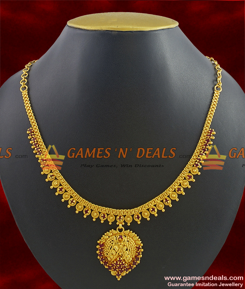 NCKN328 - Gold Plated Jewellery Kerala Type Party Wear Ruby Stone Necklace Online