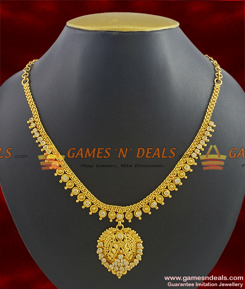 NCKN329 - Gold Plated Jewellery Kerala Type Party Wear White Stone Necklace Online