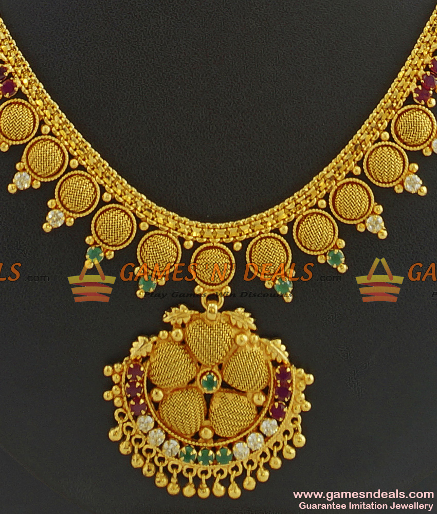 NCKN336 - Gold Plated Ruby Stone Big Dollar Necklace Net Design Jewellery