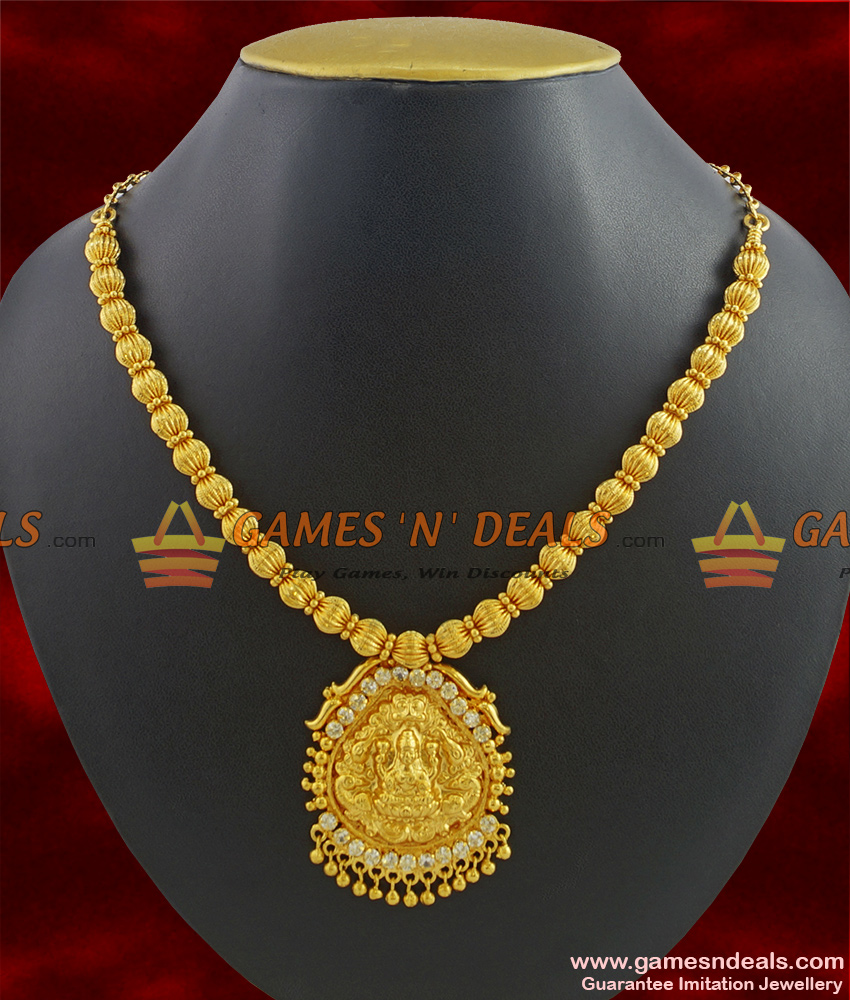 NCKN351 - Gold Plated Lakshmi Necklace Beaded Tamilnadu Imitation Jewellery