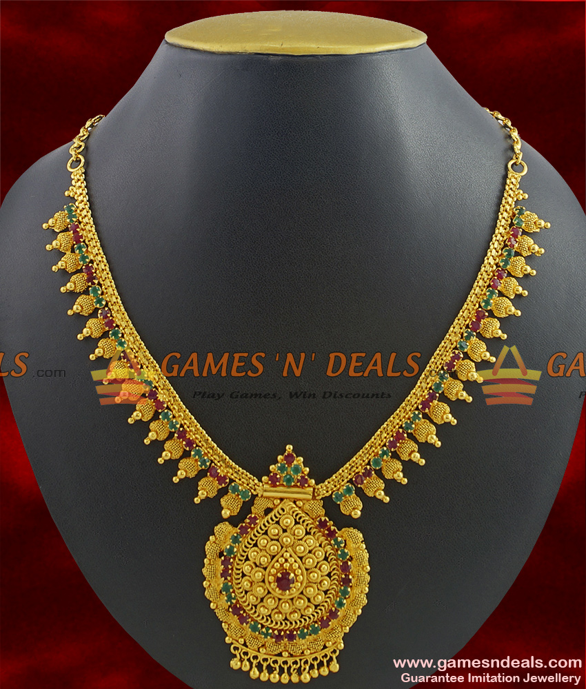 NCKN357 - Grand Unique Kerala Heavy Type Gold Plated AD Stone Bridal Necklace