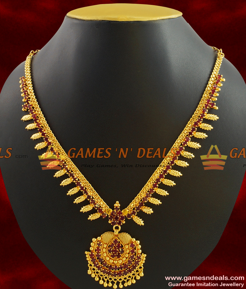 NCKN397 - Semi Precious Ruby Dollar With Trendy Leaf Design Kerala Necklace