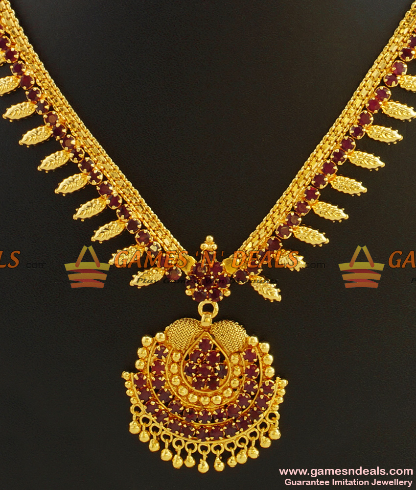 NCKN397 - Semi Precious Ruby Dollar With Trendy Leaf Design Kerala Necklace