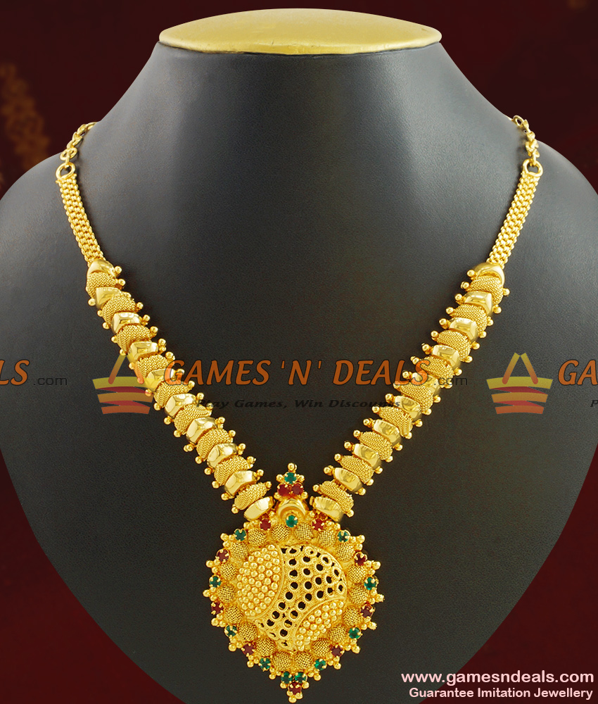 Gold Plated Jewellery Kerala Type Bridal Wear Stone Necklace NCKN413 Gold Plated Jewellery Kerala Type Bridal Wear Stone Necklace NCKN413
