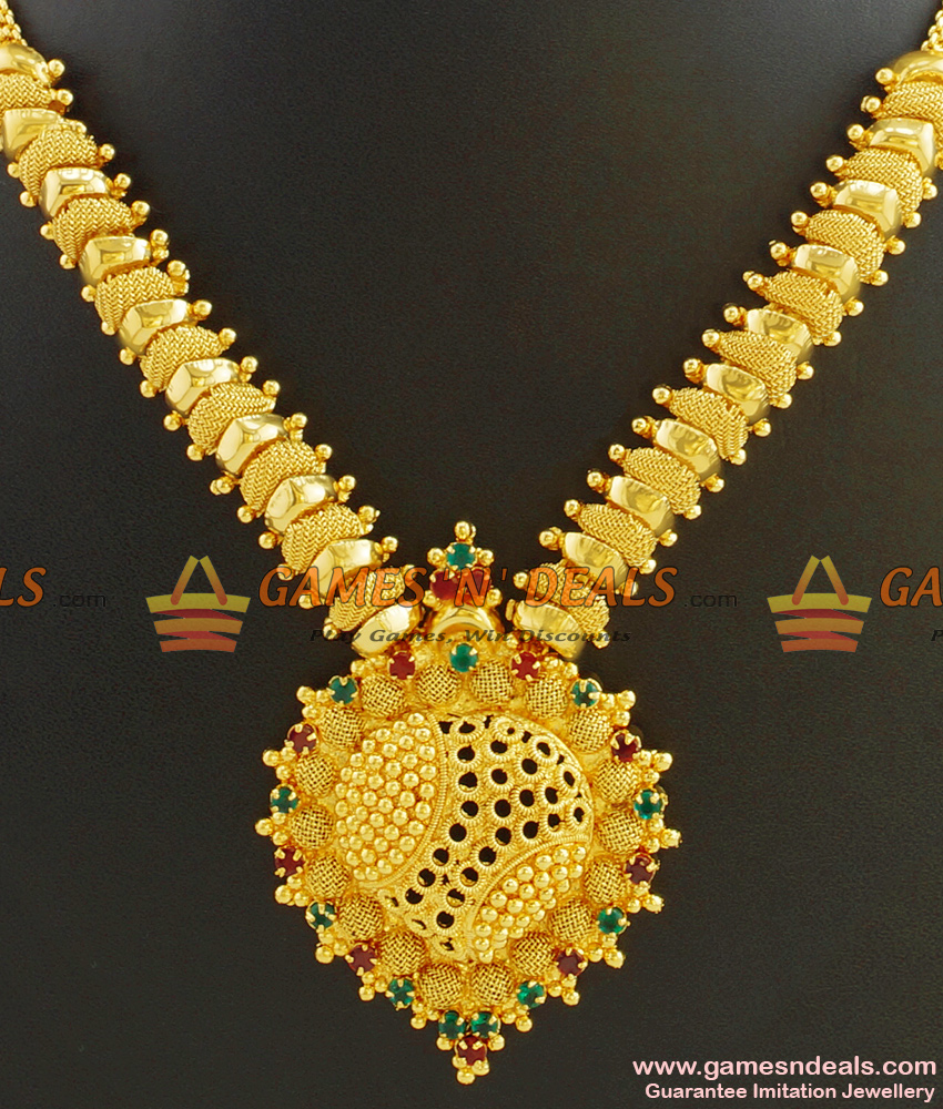 Gold Plated Jewellery Kerala Type Bridal Wear Stone Necklace NCKN413