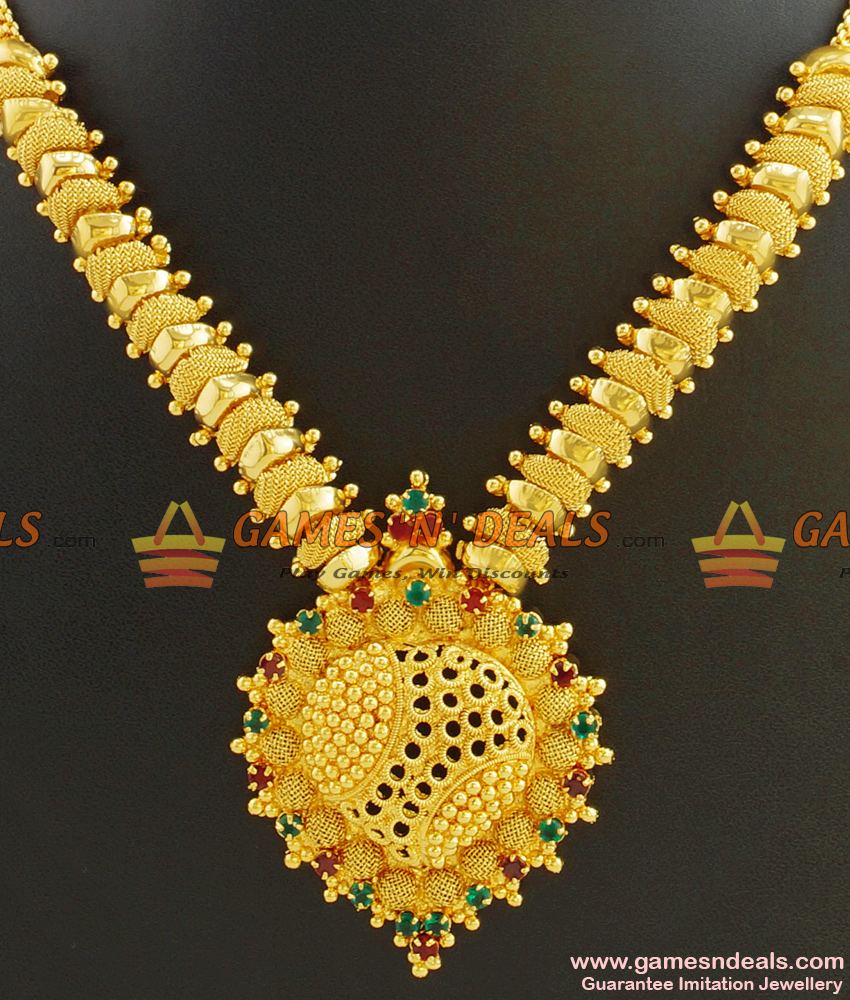 Gold Plated Jewellery Kerala Type Bridal Wear Stone Necklace NCKN413 Gold Plated Jewellery Kerala Type Bridal Wear Stone Necklace NCKN413