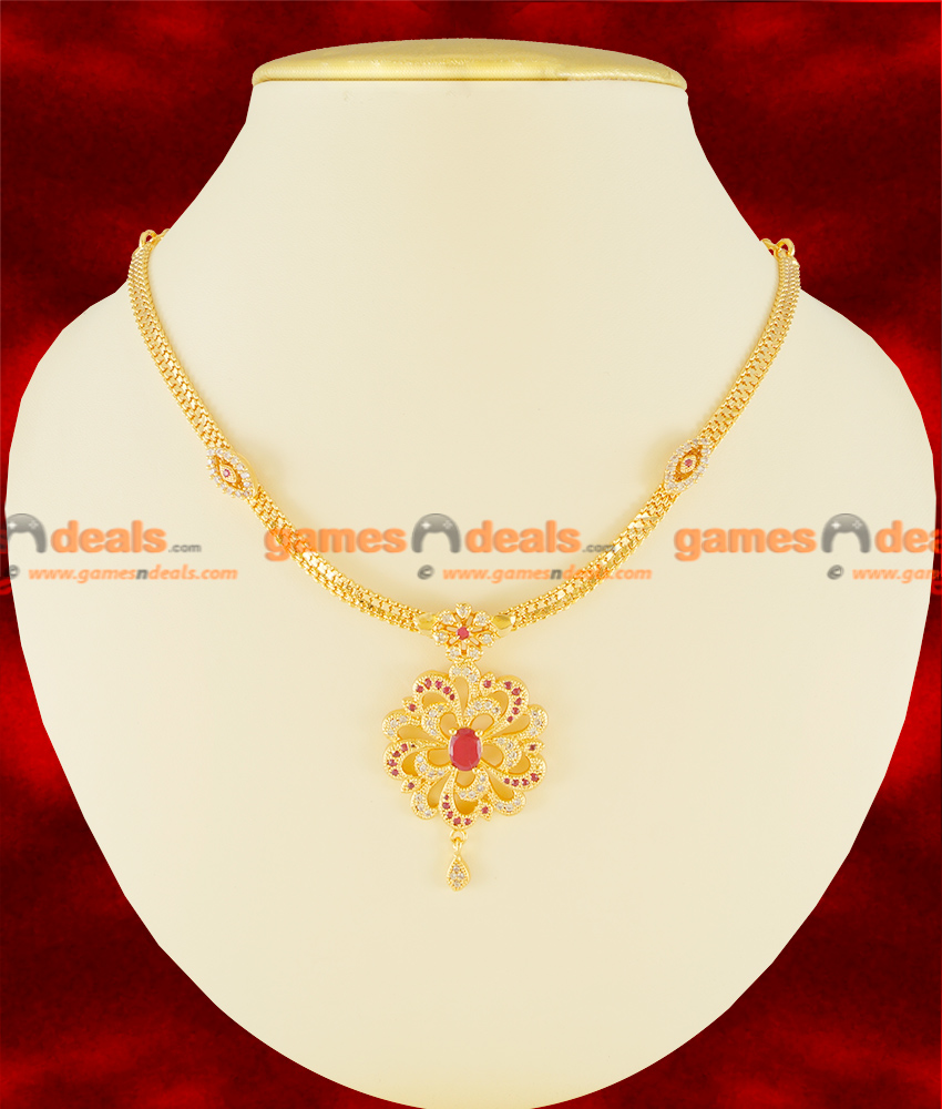 NCKN93 - Semi Precious Zircon Big Ruby Stone Party Wear Imitation Necklace