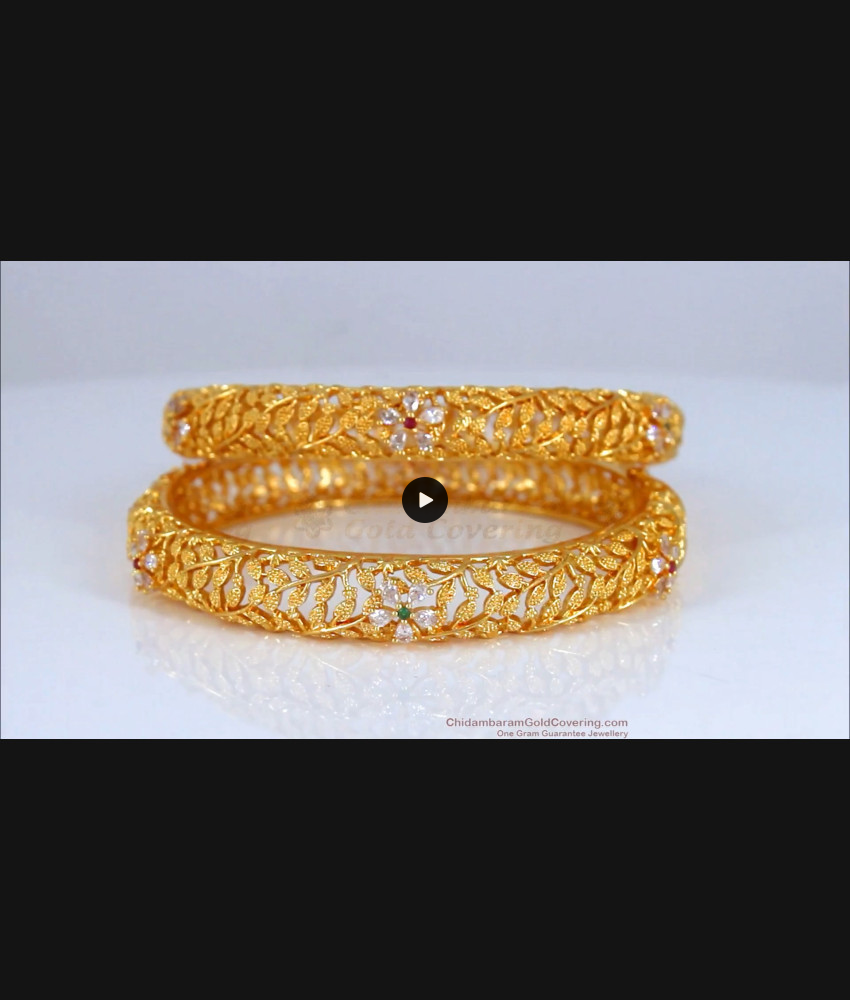 BR1787-2.4 Grand Leaf Flower Gold Bangle Ad Stone Party Wear