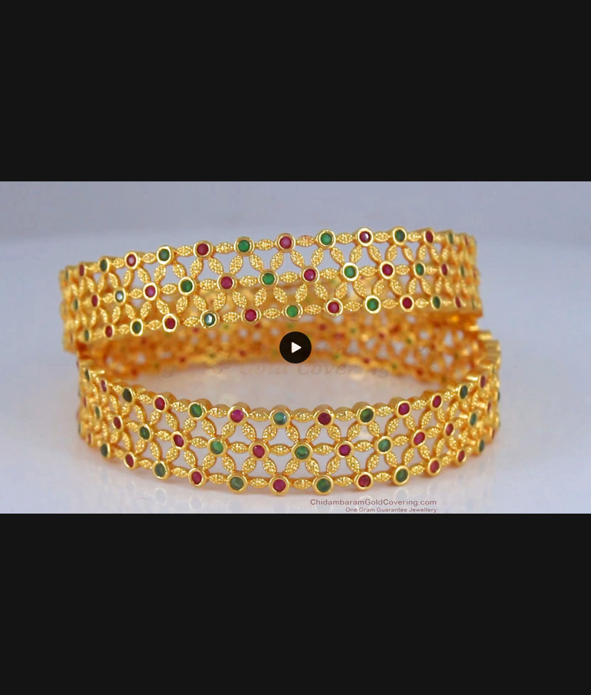 BR1979-2.2 Majestic Broad One Gram Gold Kada Bangles With Ruby Emerald Stones BR1979-2.2 Majestic Broad One Gram Gold Kada Bangles With Ruby Emerald Stones