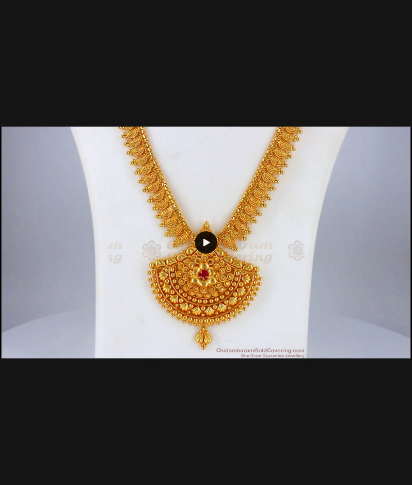 New Arrivals Single Ruby Stone One Gram Gold Kerala Haram For Weddings HR1876 New Arrivals Single Ruby Stone One Gram Gold Kerala Haram For Weddings HR1876