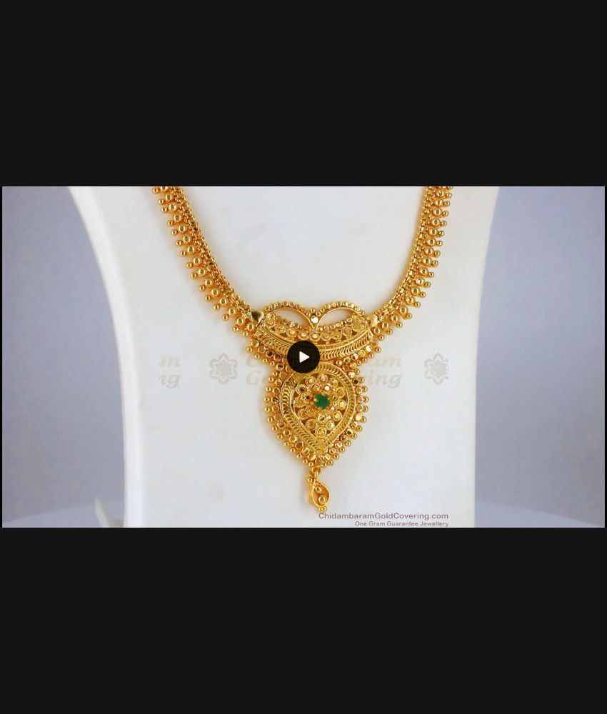 Bridal Wear Long One Gram Gold Haram With Emerald Stone HR2065 Bridal Wear Long One Gram Gold Haram With Emerald Stone HR2065
