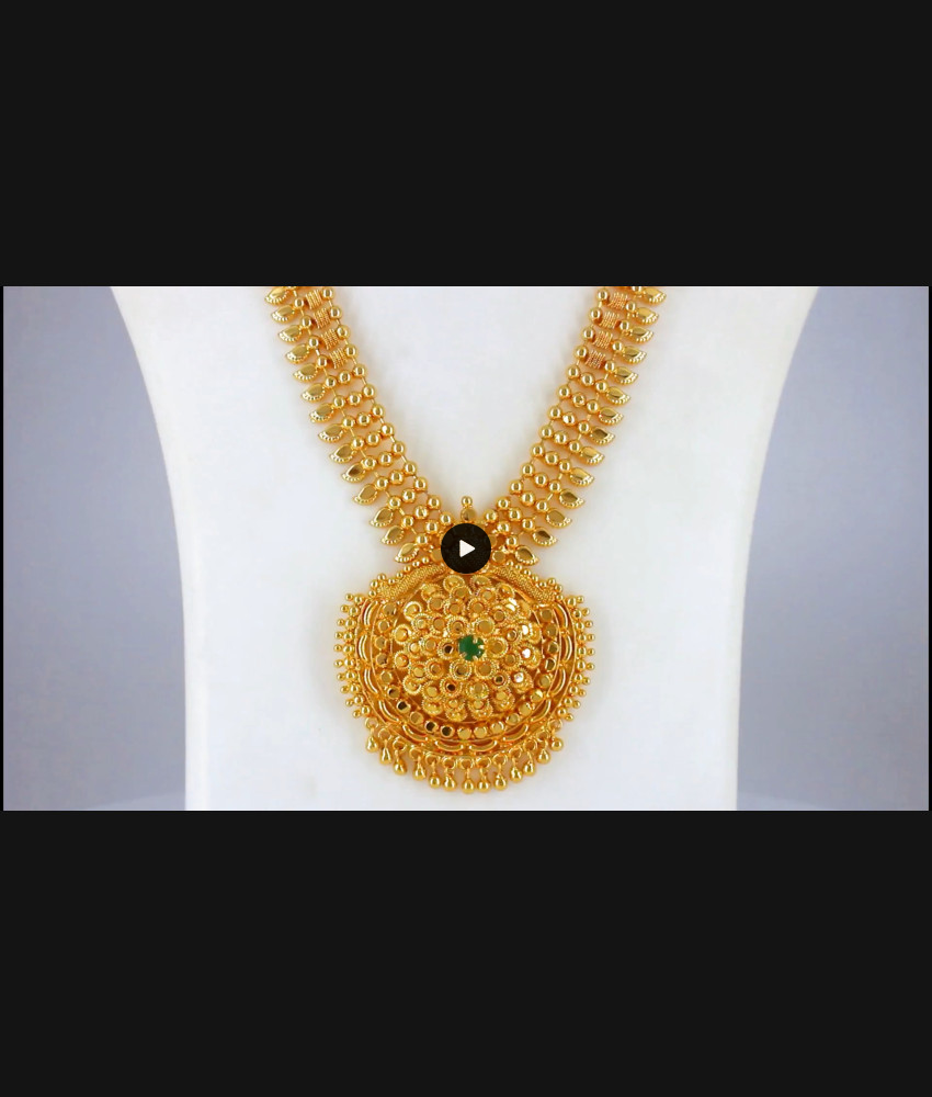 Single Emerald Stone One Gram Gold Long Haram Bridal Wear HR2075 Single Emerald Stone One Gram Gold Long Haram Bridal Wear HR2075