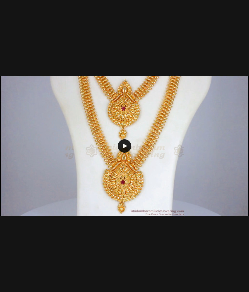 One Gram Gold Ruby Stone Mango Haram Necklace Combo HR2186