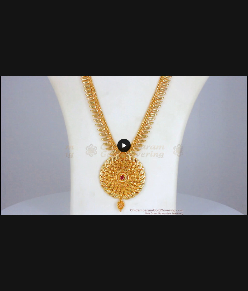 Traditional Leaf Pattern Ruby Stone Round Pendant Gold Haram HR2189