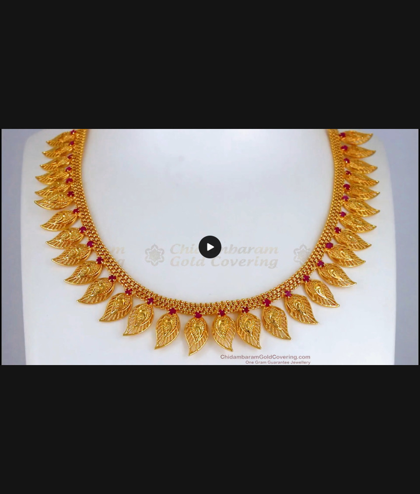 Artistic One Gram Gold Necklace leaf Design Ruby Stone NCKN2381