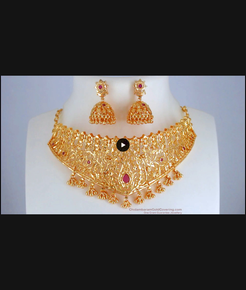 1 Gram Gold Choker Necklace Earring Combo Floral Design NCKN2710 1 Gram Gold Choker Necklace Earring Combo Floral Design NCKN2710