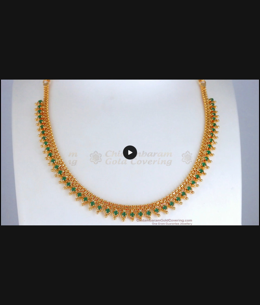 One Gram Gold Plated Emerald Necklace Mullai Design Green Stone NCKN2714 One Gram Gold Plated Emerald Necklace Mullai Design Green Stone NCKN2714