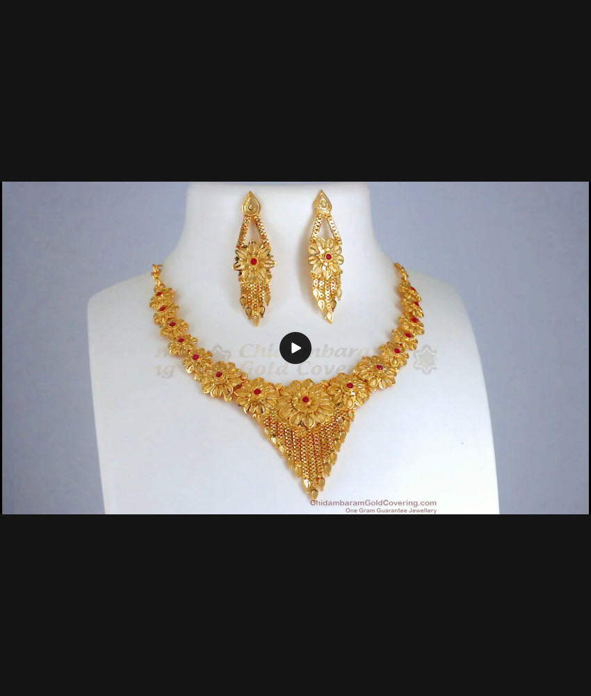 Grand 2 Gram Gold Necklace Ruby Stone Design With Earring Combo NCKN2738 Grand 2 Gram Gold Necklace Ruby Stone Design With Earring Combo NCKN2738