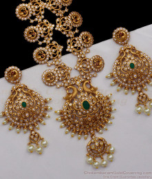 ANTQ1013 - Full Diamond Stone Premium Antique Haaram With Earrings For Bridal Wear  ANTQ1013 - Full Diamond Stone Premium Antique Haaram With Earrings For Bridal Wear