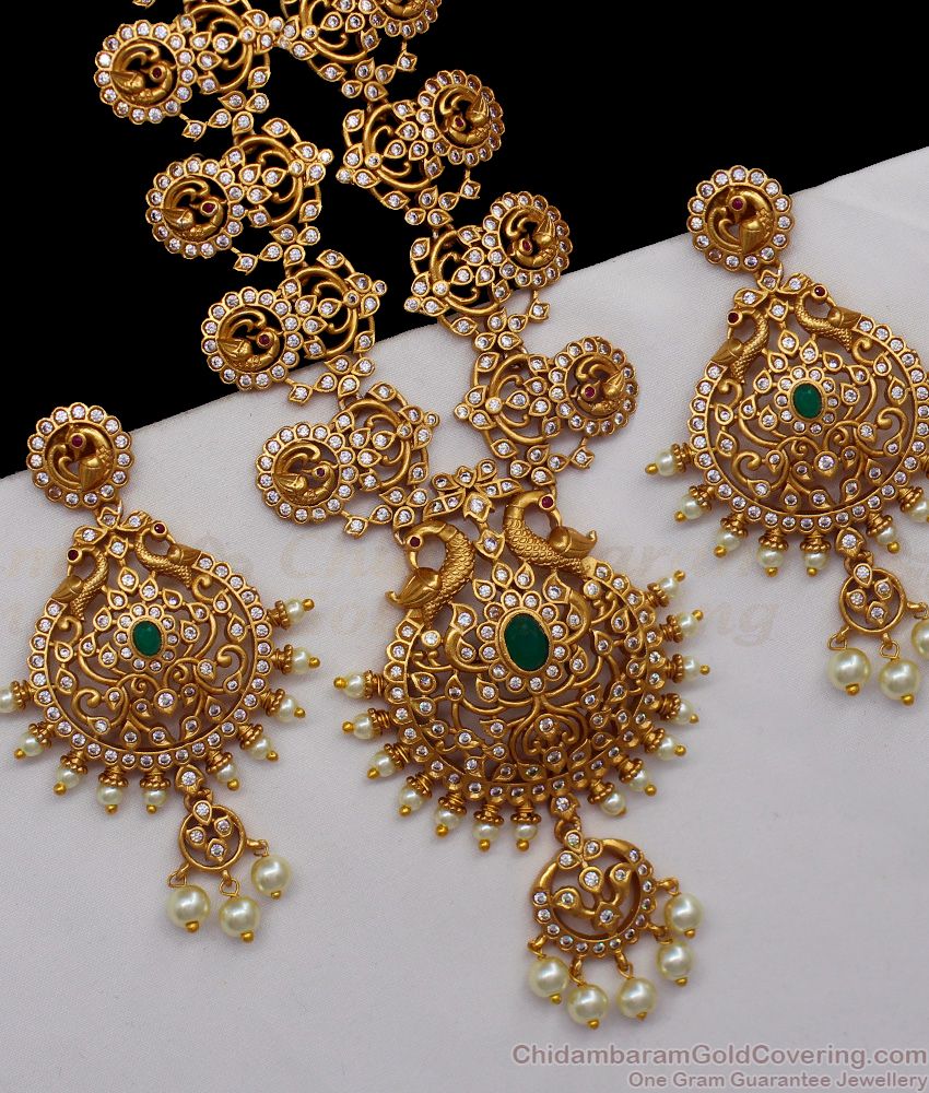 ANTQ1013 - Full Diamond Stone Premium Antique Haaram With Earrings For Bridal Wear 