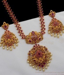 ANTQ1016 - Amazing Ruby Stone Antique Gold Haaram Earrings Set For Wedding  ANTQ1016 - Amazing Ruby Stone Antique Gold Haaram Earrings Set For Wedding