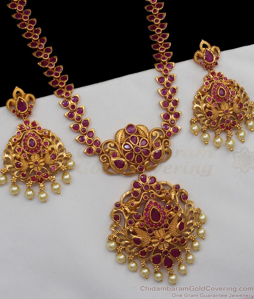 ANTQ1016 - Amazing Ruby Stone Antique Gold Haaram Earrings Set For Wedding 