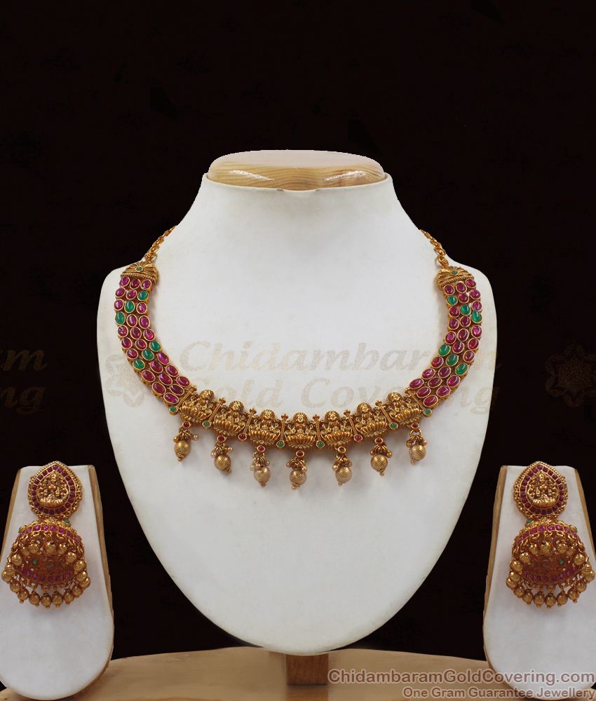 TNL1048 - Lakshmi Design Choker Type Antique Gold Necklace Combo