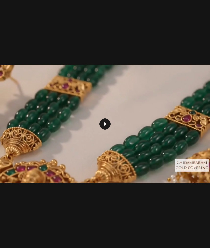 ANTQ1122 Beautiful Layered Emerald Beads Antique Gold Lakshmi Haram With Matching Jhumka