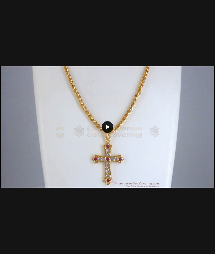 Christian Religious Cross Gold Impon Pendant Collection Dollar Chain With Multi Stones BGDR394