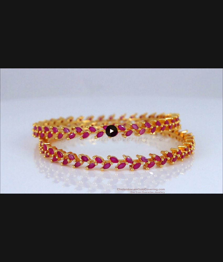 BR1682-2.4 Beautiful Leaf Design Full Ruby Stone Gold Bangles Bridal Wear