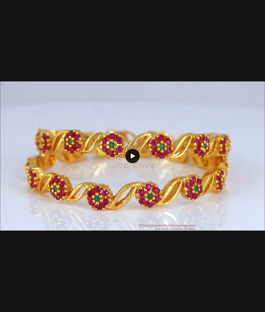 BR1793-2.4 Ruby Emerald Flower Design Gold Bangle Latest Collections